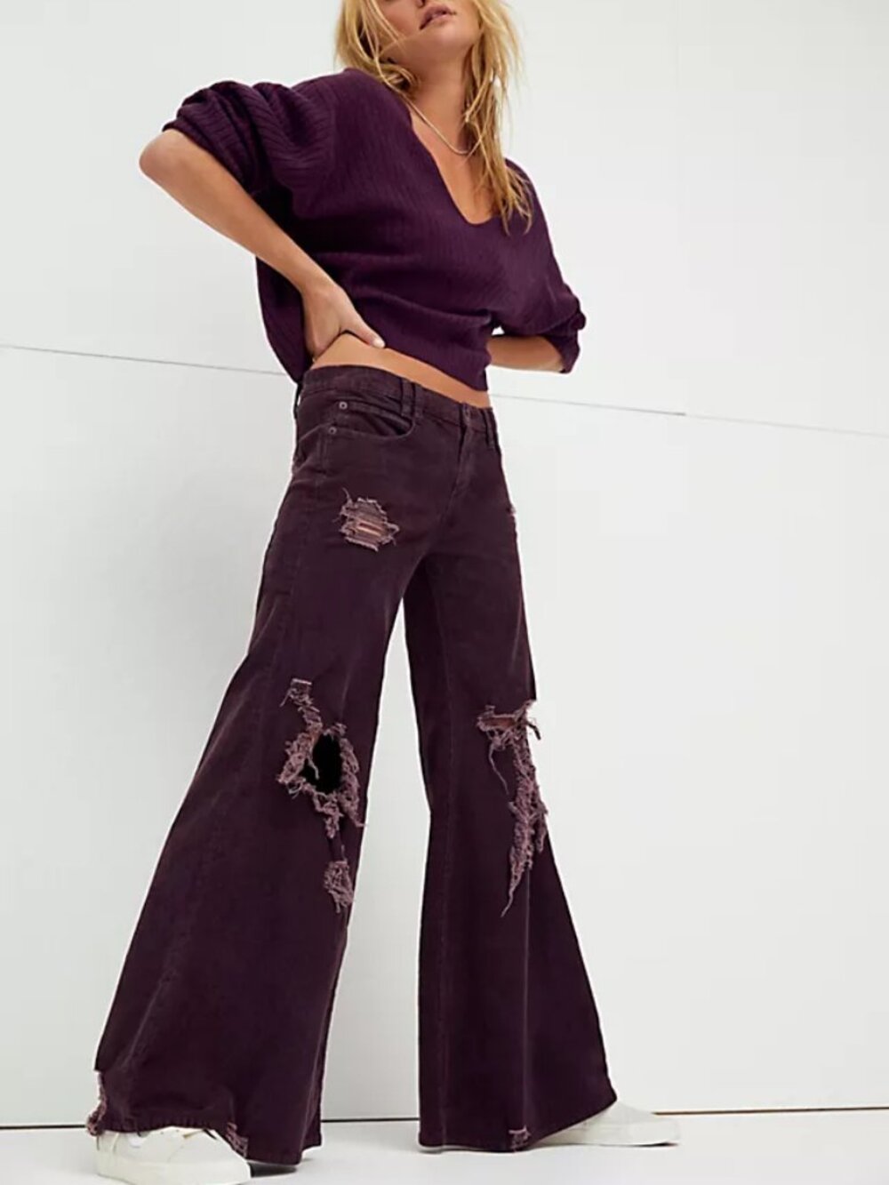 Free People Night Fever Distressed Cord Flare Jeans - Plum Purple Boho Grunge 27